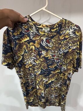 Kenzo Navy Blue Tee with Bold Yellow Tiger Print